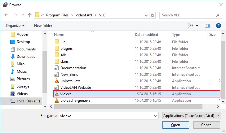 Vyhľadanie aplikácie vlc.exe